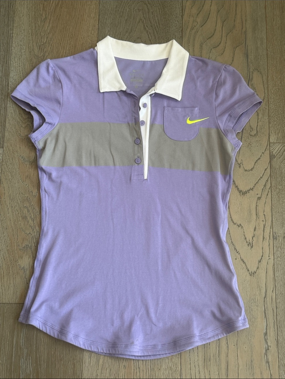 Nike Lavender White w/Gray Stripe Short-Sleeve Polo w/ Neon Yellow Swoosh-Med